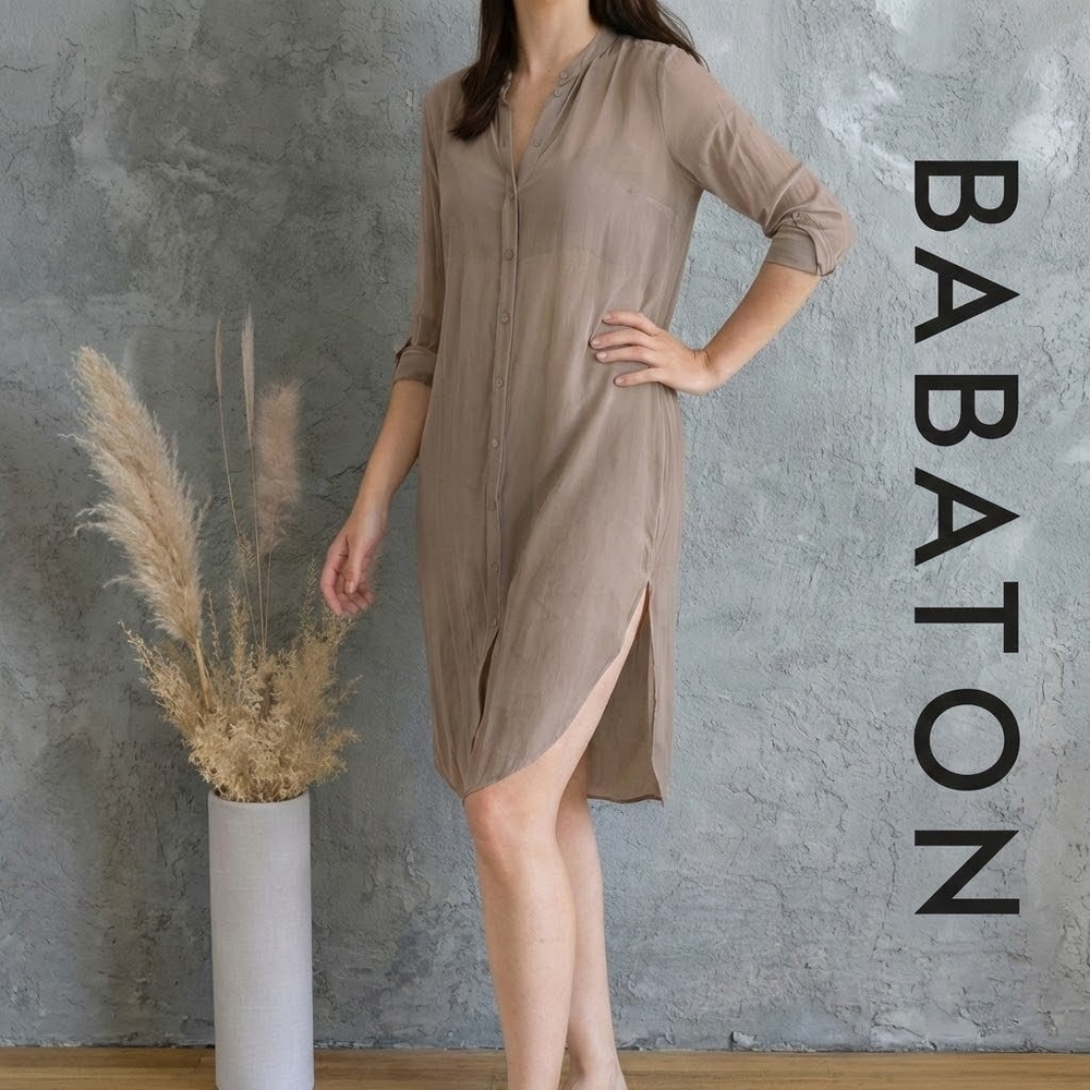 Aritzia BABATON 100% Silk Sheer Tunic Dress Tan Beige Sand V-Neck Mini Small S